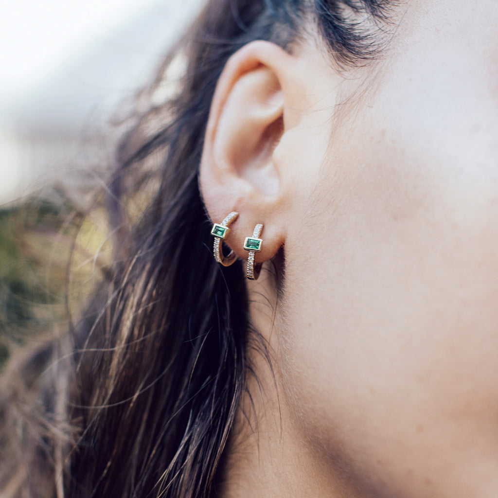 Emerald Baguette Pave Mini Hoop