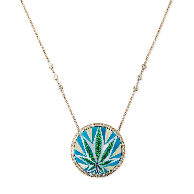 PAVE HALO TURQUOISE OPAL INLAY SWEET LEAF NECKLACE