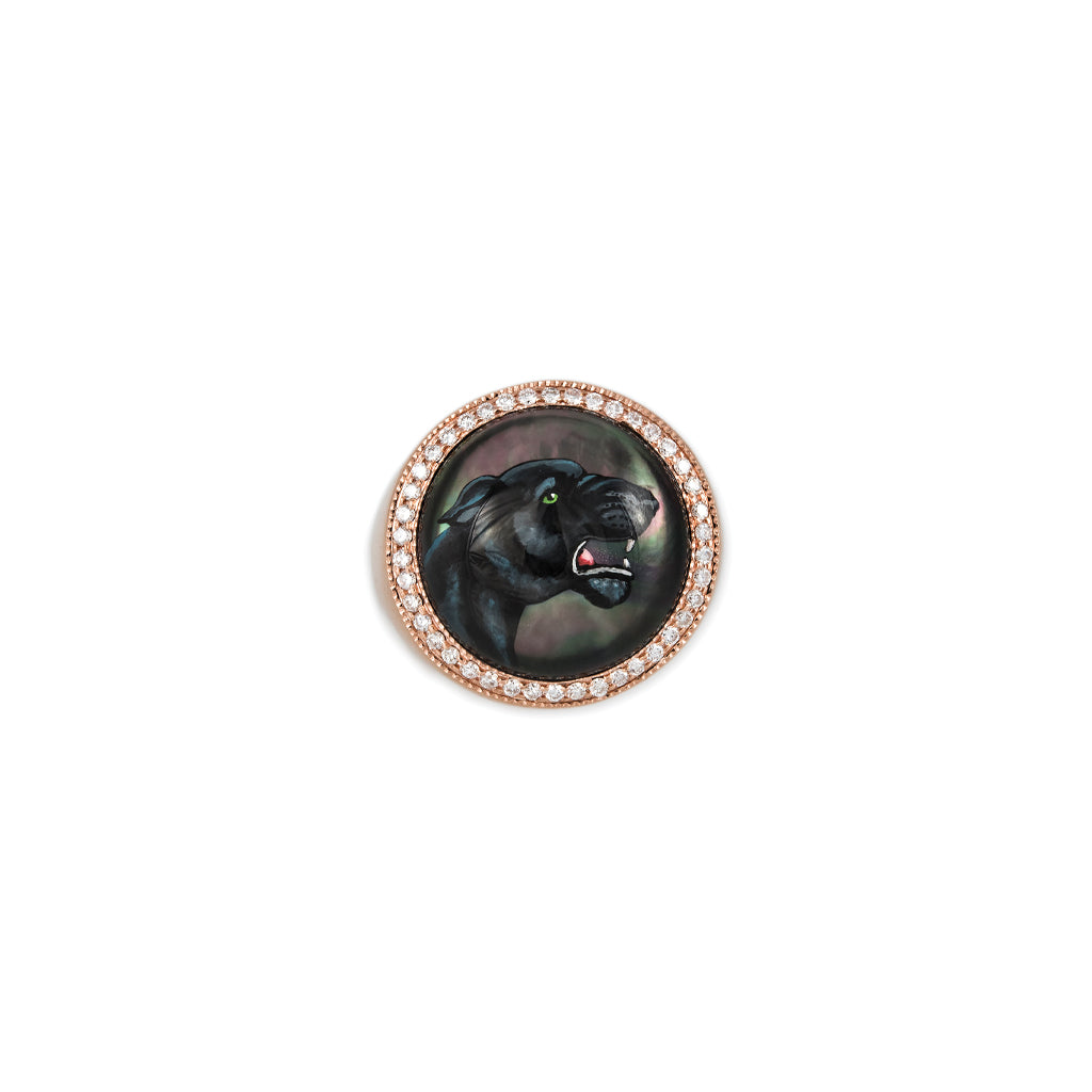 Pave Diamond Panther Mother of Pearl Signet Ring