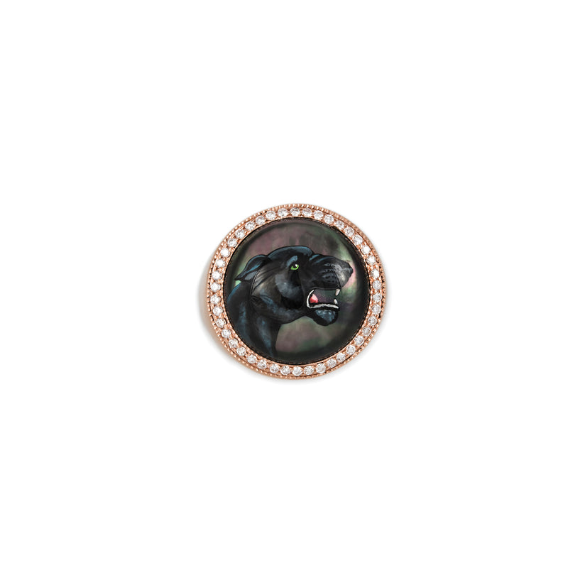 PAVE DIAMOND PANTHER MOTHER OF PEARL SIGNET RING