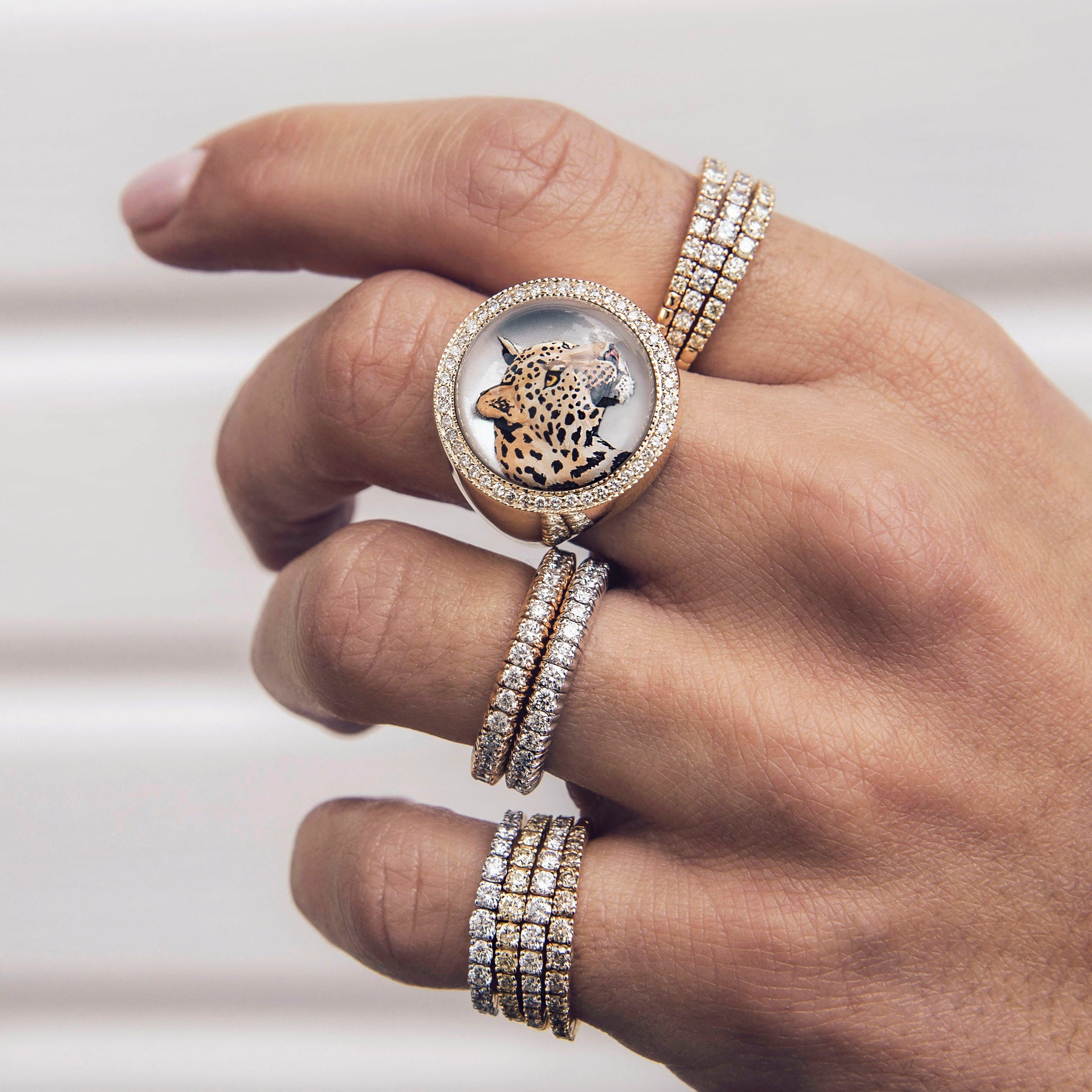 Pave Diamond Leopard Mother of Pearl Signet Ring