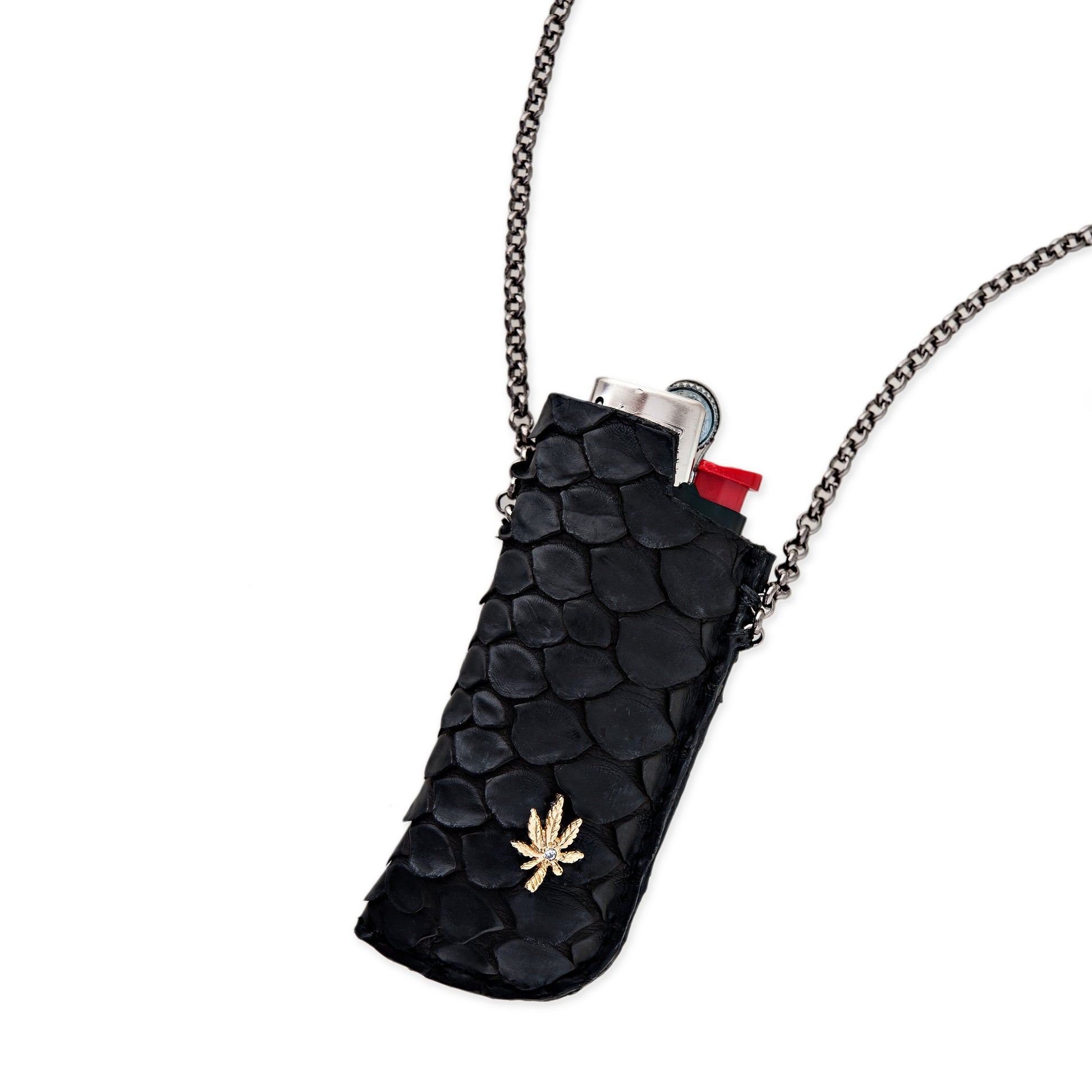 SNAKE SKIN LIGHTER NECKLACE WITH SWEET LEAF CHARM