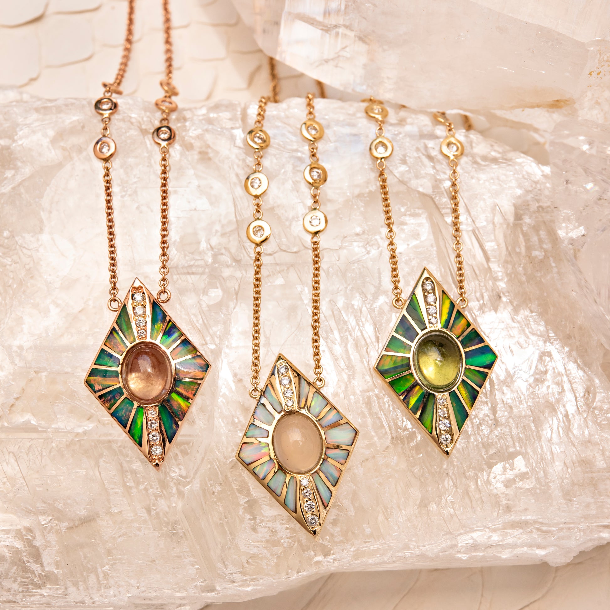 Pave Moonstone + White Opal Inlay Kite Necklace