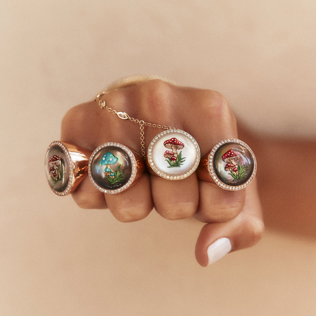 Pave Hand Painted Red Mushroom on Black Mother of Pearl Signet Ring