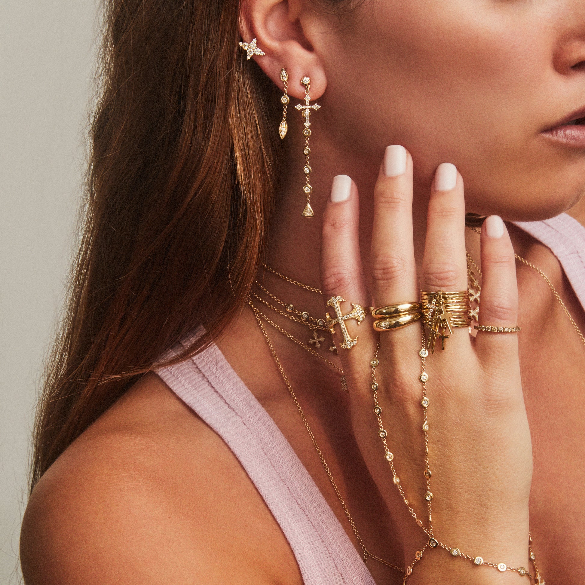 SOPHIA DIAMOND + PAVE GOTHIC CROSS DROP STUD