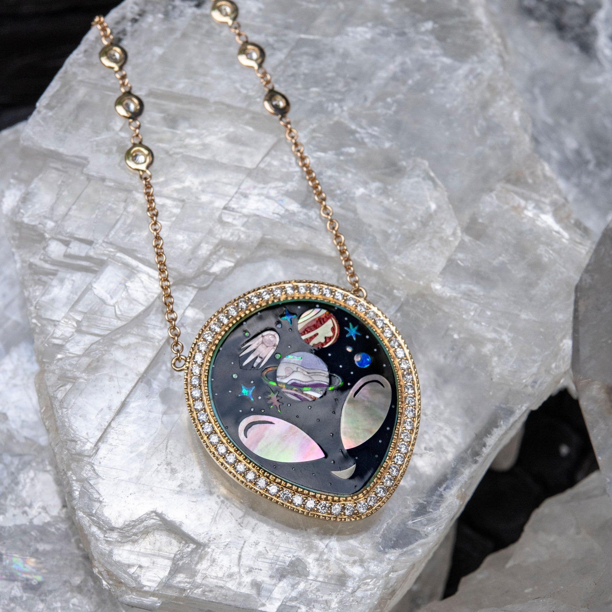 Pave Onyx + Pearl Alien Galaxy Inlay Necklace