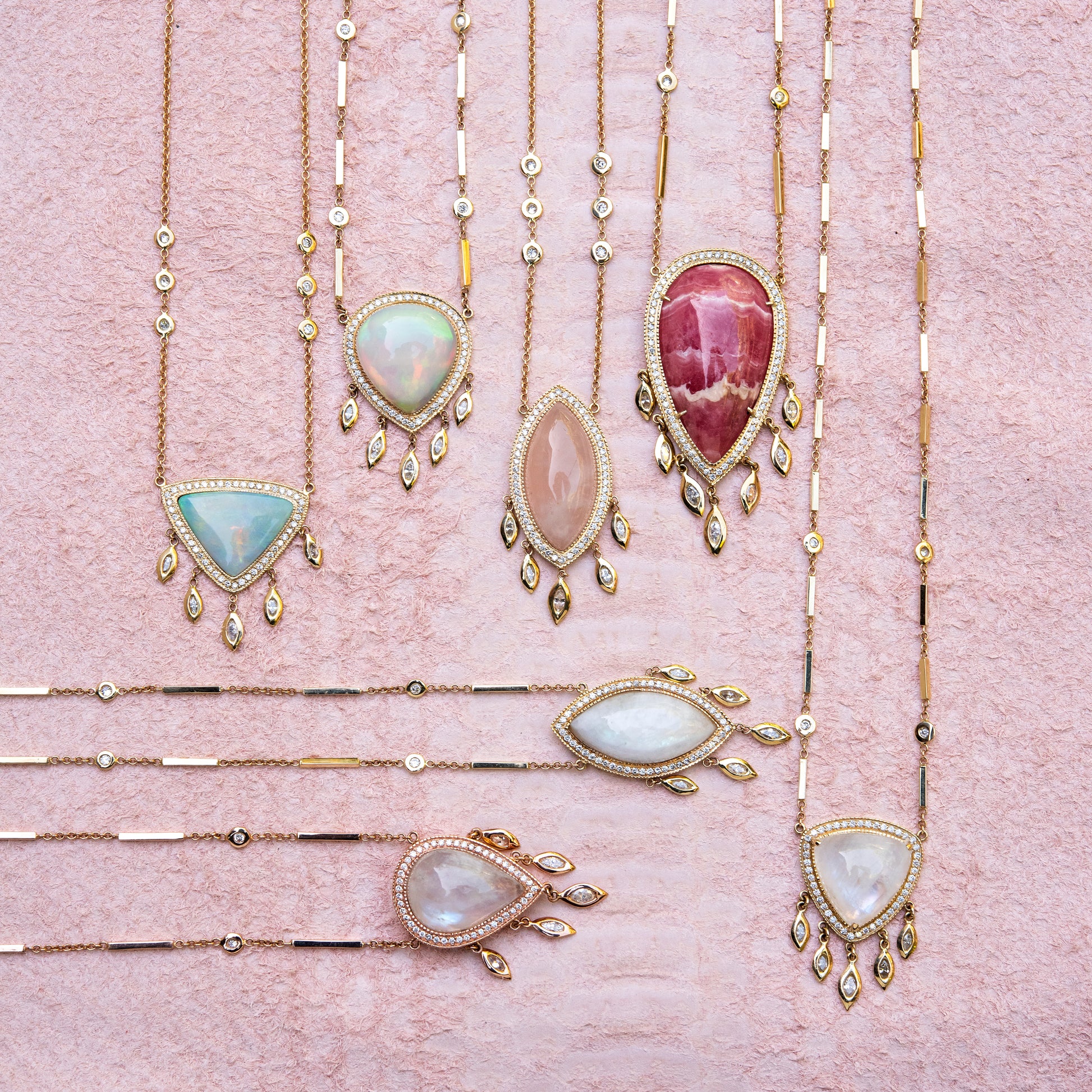 PAVE OPAL TRILLION + 5 MARQUISE DIAMOND SHAKER NECKLACE