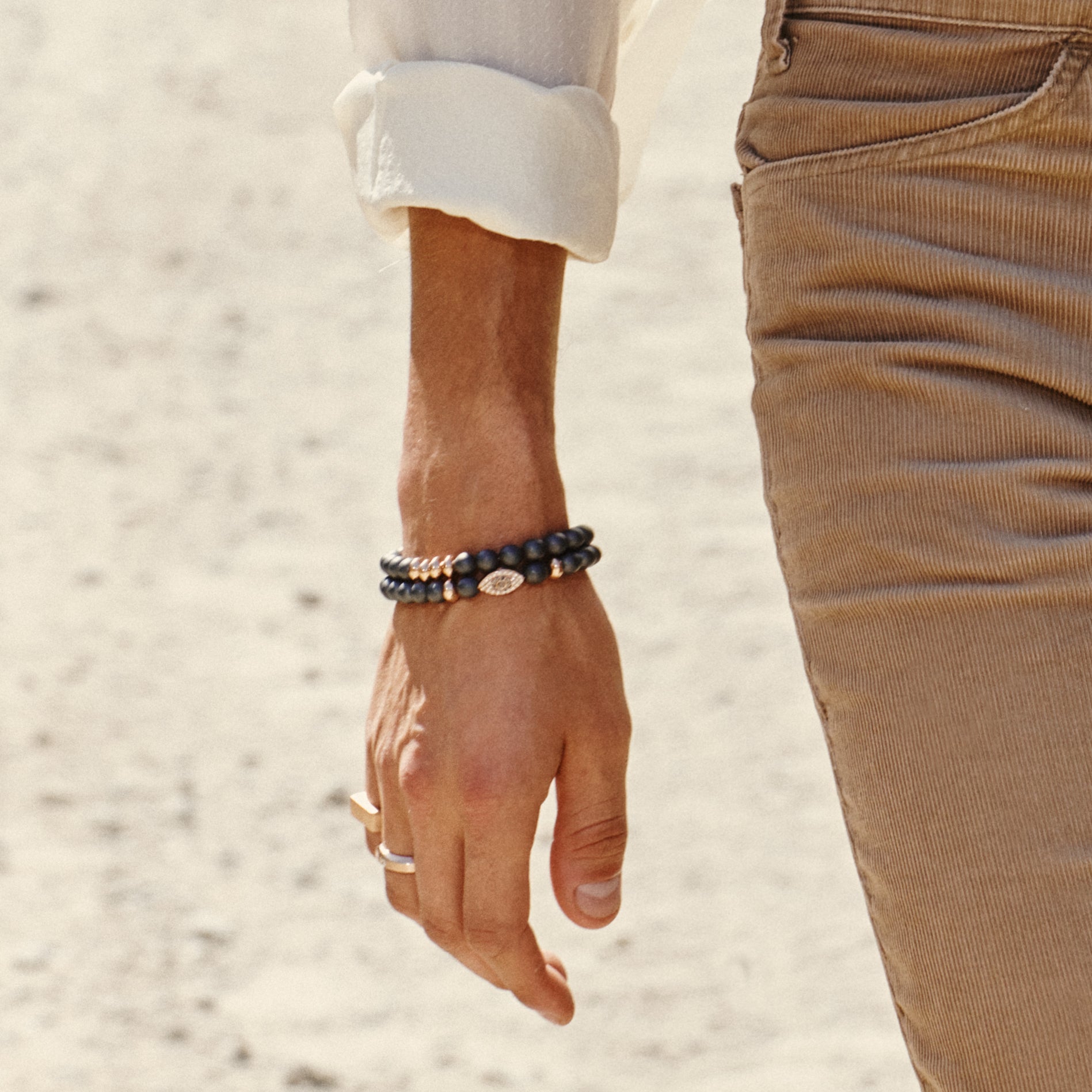 4 Gold Beads + Grey Hematite Beaded Stretch Bracelet