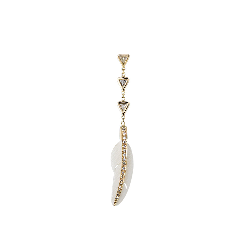 PAVE WHITE BONE FEATHER + 3 DIAMOND TRILLION EARRING