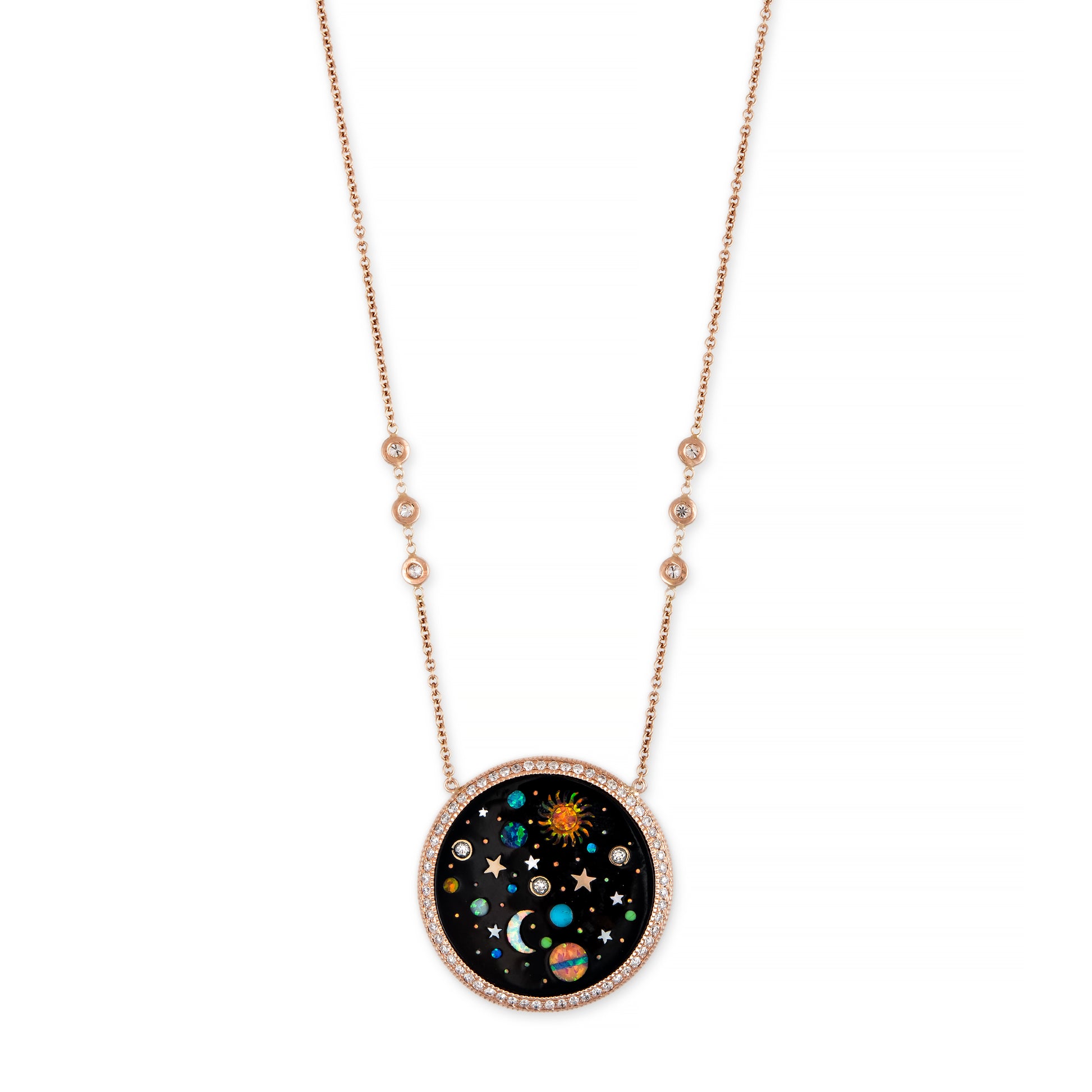 Pavé Round Onyx + Opal Starry Galaxy Inlay Necklace