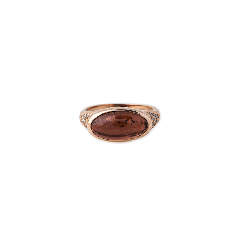 LONG OVAL BROWN TOURMALINE SIGNET RING WITH PAVE SIDES