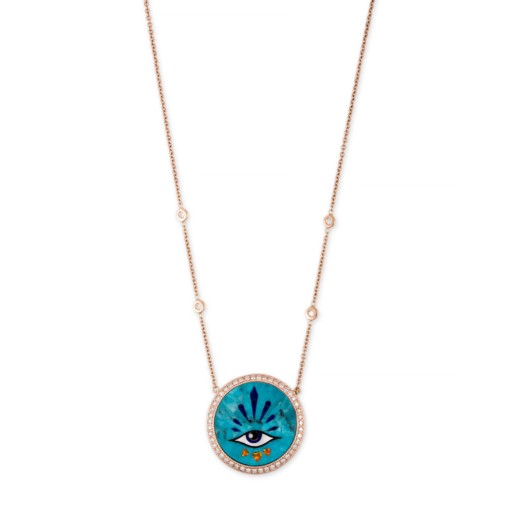 SMALL PAVE 3 HEARTS EYE BURST TURQUOISE INLAY NECKLACE