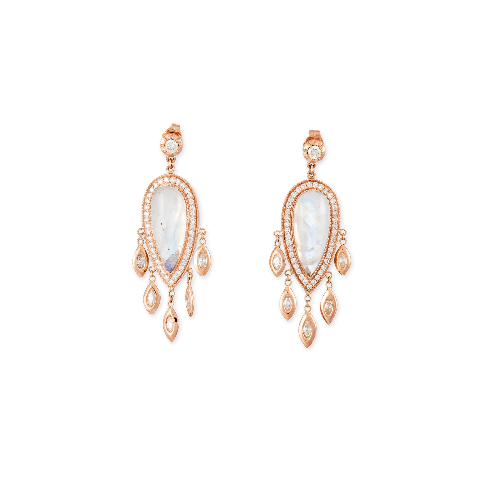 PAVE MOONSTONE TEARDROP + MARQUISE DIAMOND SHAKERS DROP EARRINGS