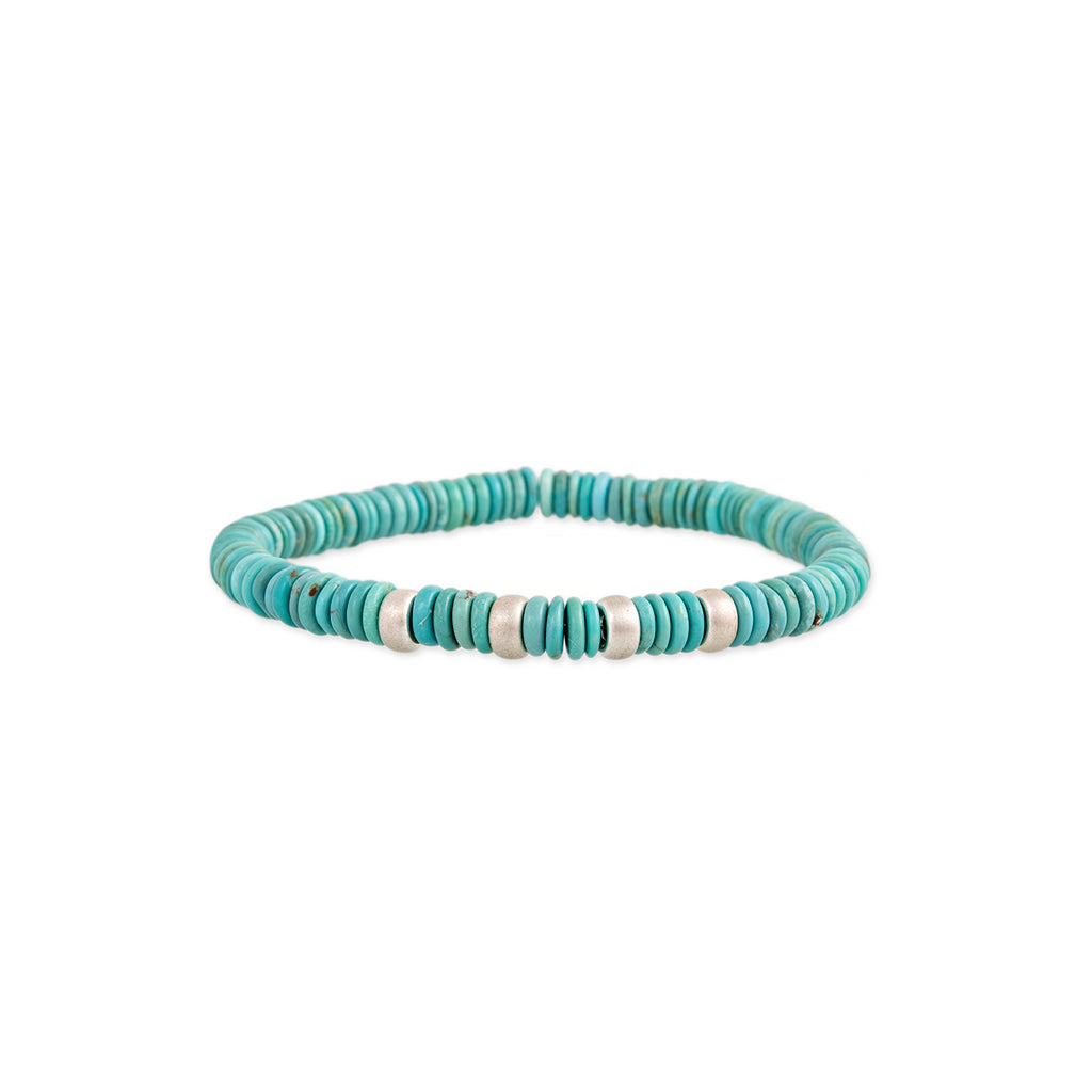 4 SPACED OUT STERLING SILVER BEADS + TURQUOISE BEADED STRETCH BRACELET