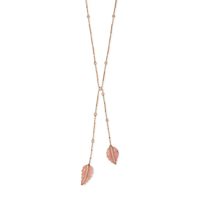 PINK PERUVIAN OPAL DOUBLE PAVE LEAF BOLO SMOOTH BAR NECKLACE