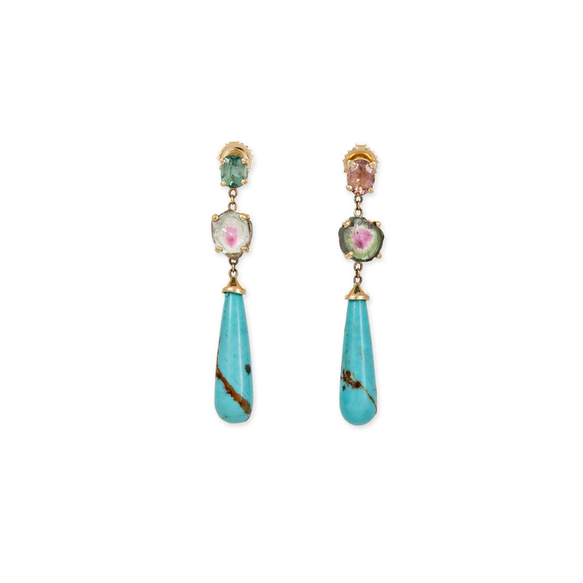 SMALL ASSORTED TOURMALINE + TURQUOISE DROPLET STUD EARRINGS