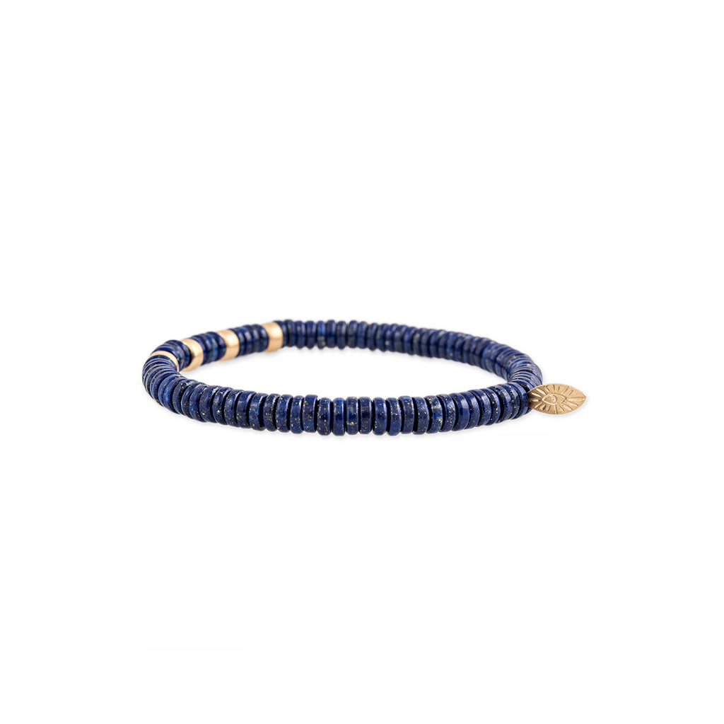 4 Satin Gold Beads + Lapis Beaded Stretch Bracelet