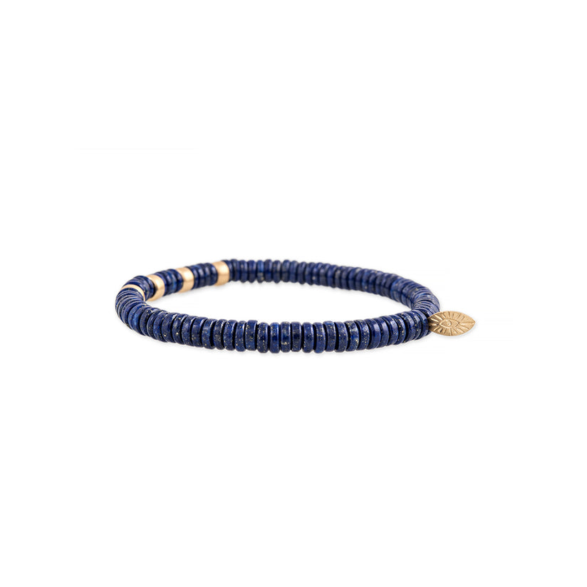 4 SPACED OUT GOLD BEADS + LAPIS BEADED STRETCH BRACELET