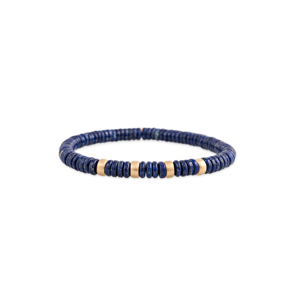 4 Satin Gold Beads + Lapis Beaded Stretch Bracelet