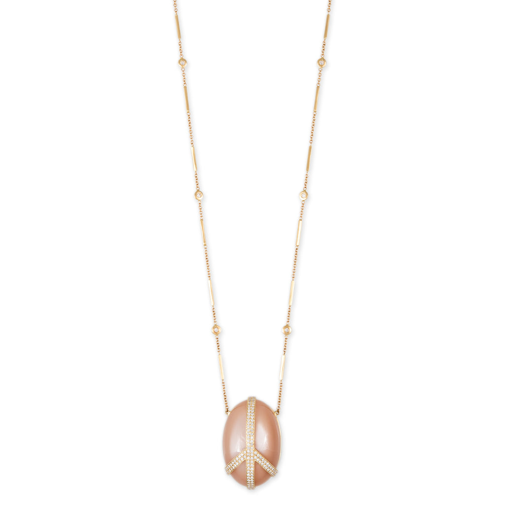 LARGE PAVE DIAMOND PEACE SIGN PEACH MOONSTONE NECKLACE