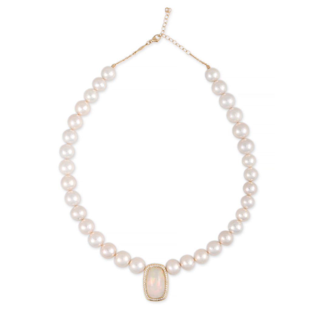 Pavé Opal Rounded Rectangle Center Freshwater Pearl Beaded Necklace