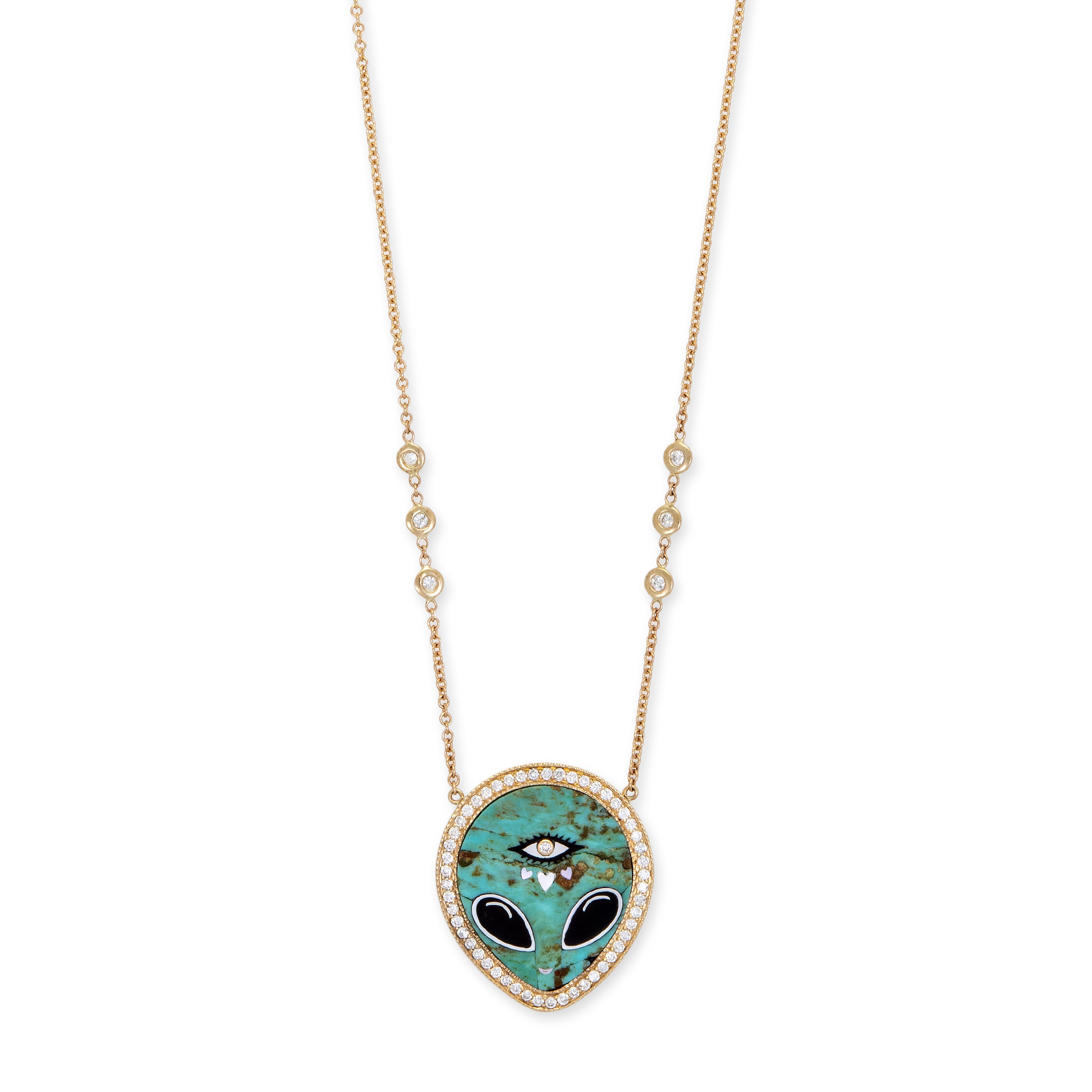 PAVE TURQUOISE + ONYX ALIEN HEART EYE INLAY NECKLACE