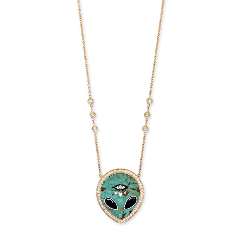 PAVE TURQUOISE + ONYX ALIEN HEART EYE INLAY NECKLACE