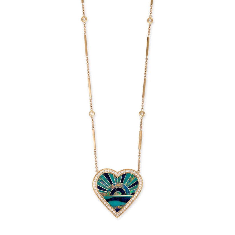 PAVE TURQUOISE SUNSHINE INLAY HEART SMOOTH BAR NECKLACE