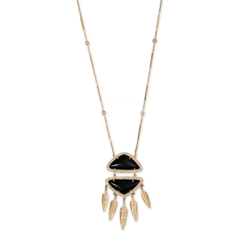 ONYX PAVE DIAMOND DOUBLE TRIANGLE FEATHER SHAKER NECKLACE