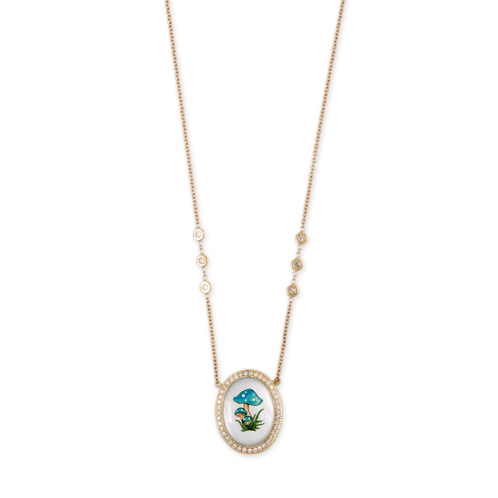 Hand Painted Blue Mushrooms on Mother of Pearl Necklace