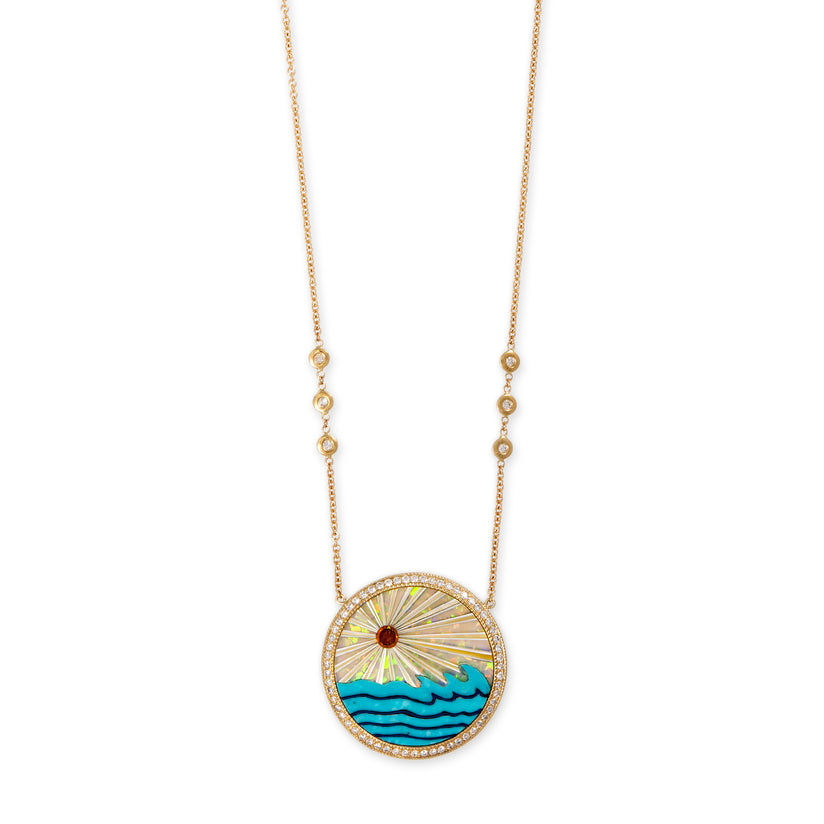 PAVE ROUND OPAL RAYS + TURQUOISE WAVES INLAY NECKLACE