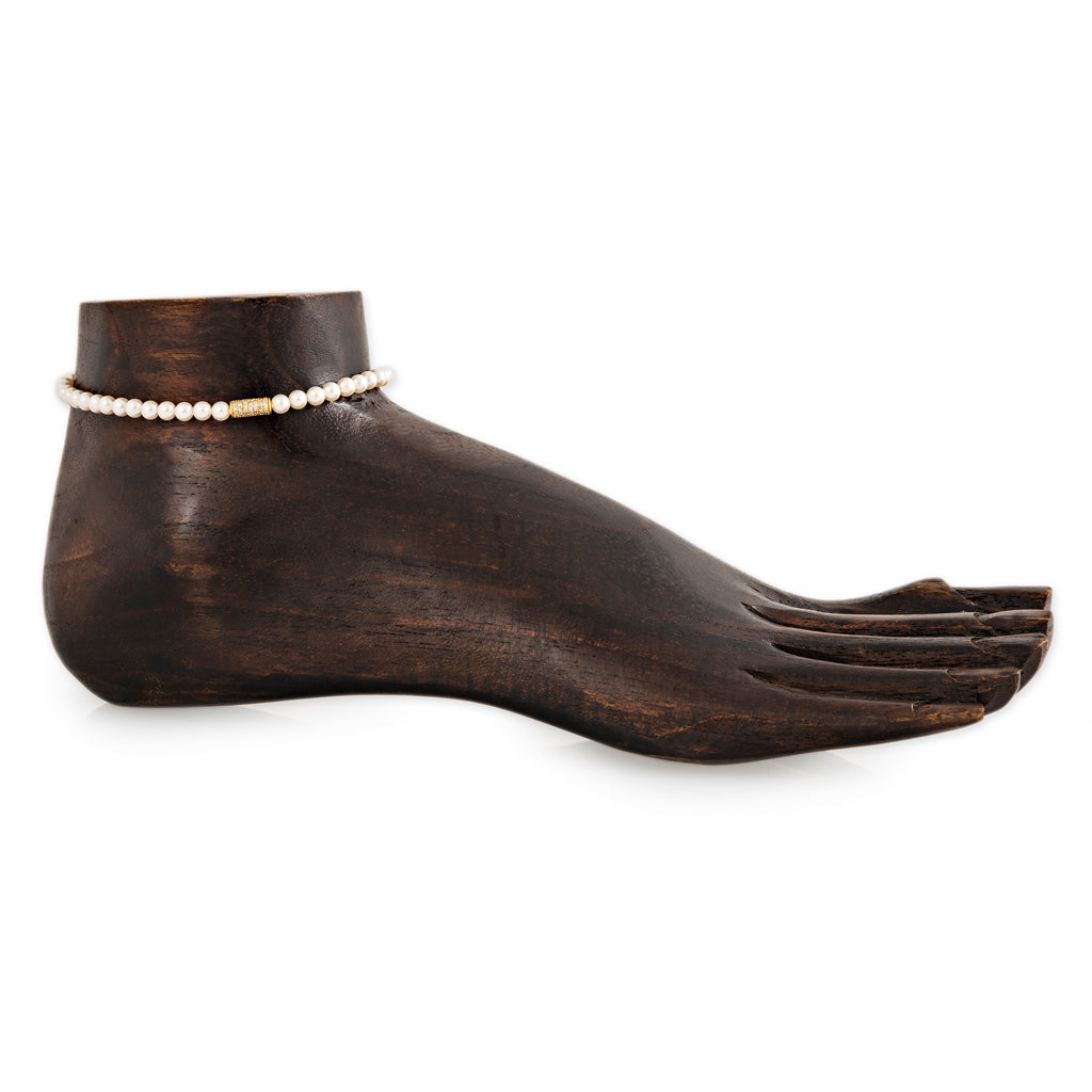 Pave Tube Bead Pearl Beaded Anklet