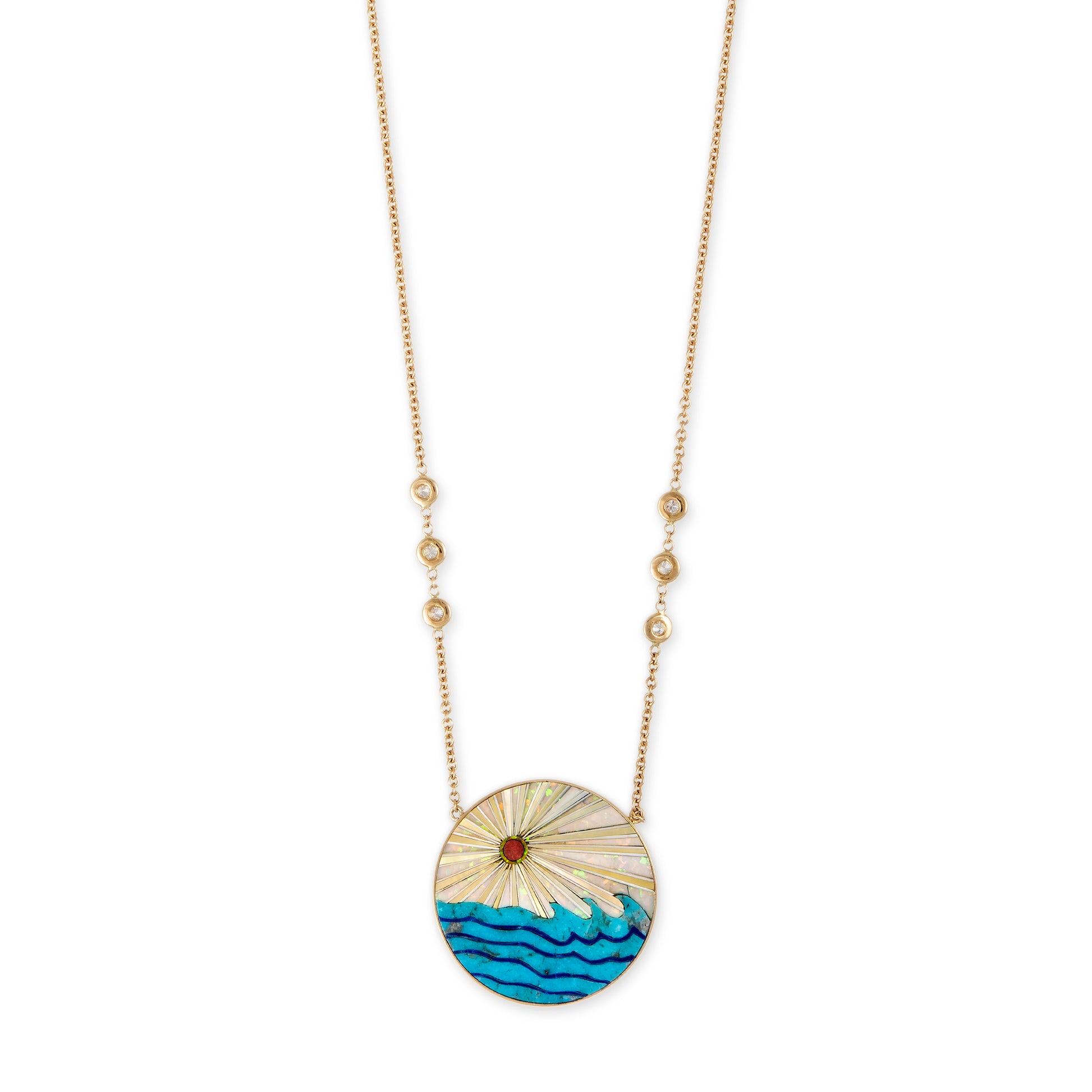 Round Opal Rays + Turquoise Waves Inlay Necklace