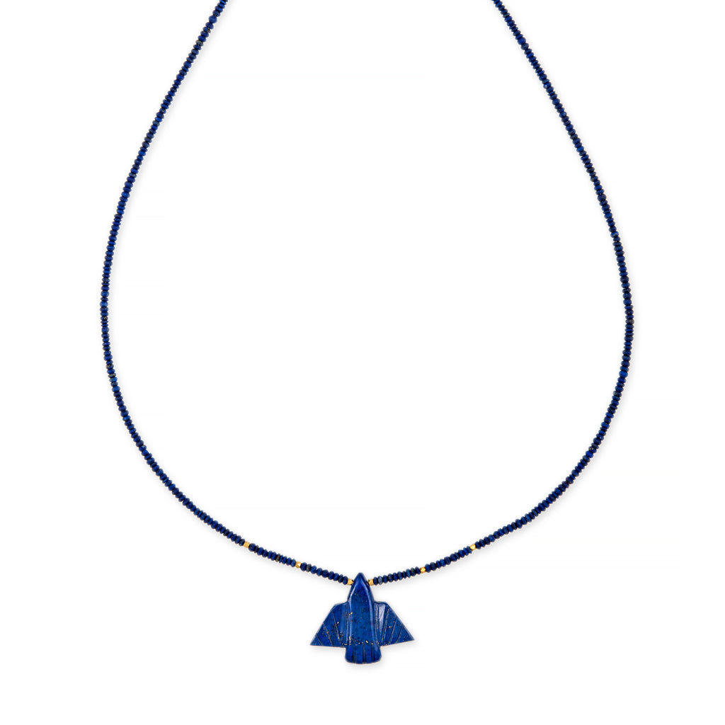 Small Lapis Thunderbird + Gold and Lapis Beaded Toggle Necklace