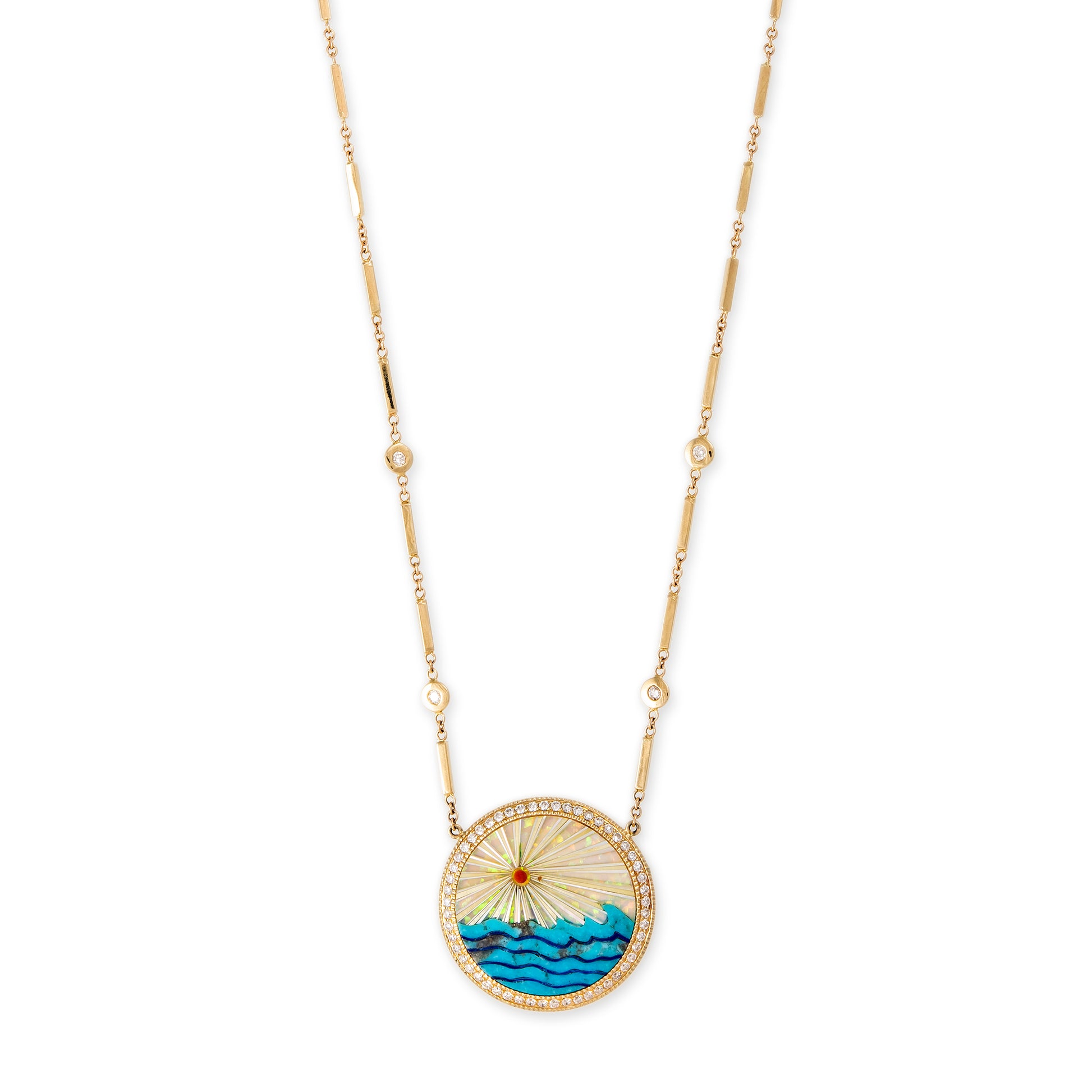 Small Pavé Round Opal Rays + Turquoise Waves Inlay Smooth Bar Necklace