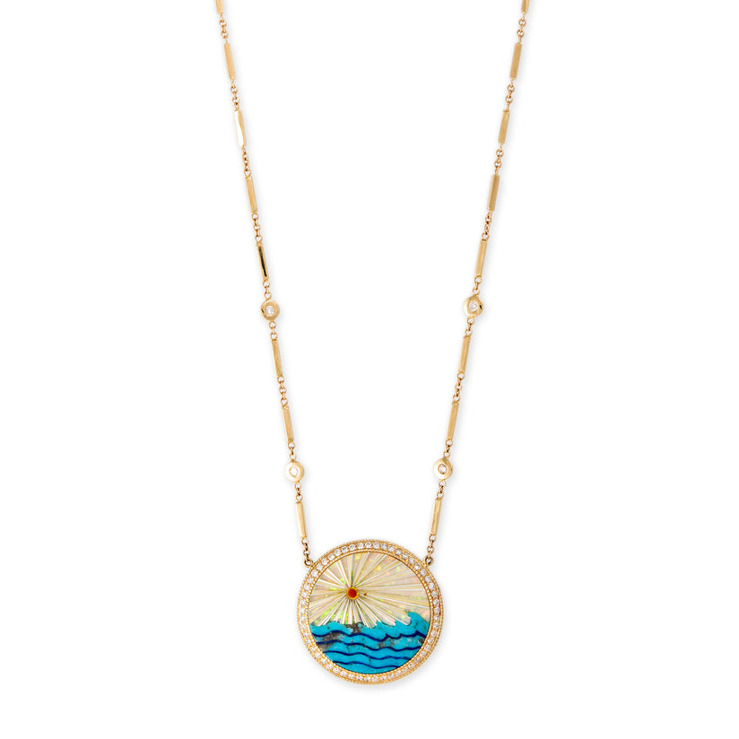 SMALL PAVE ROUND OPAL RAYS + TURQUOISE WAVES INLAY SMOOTH BAR NECKLACE