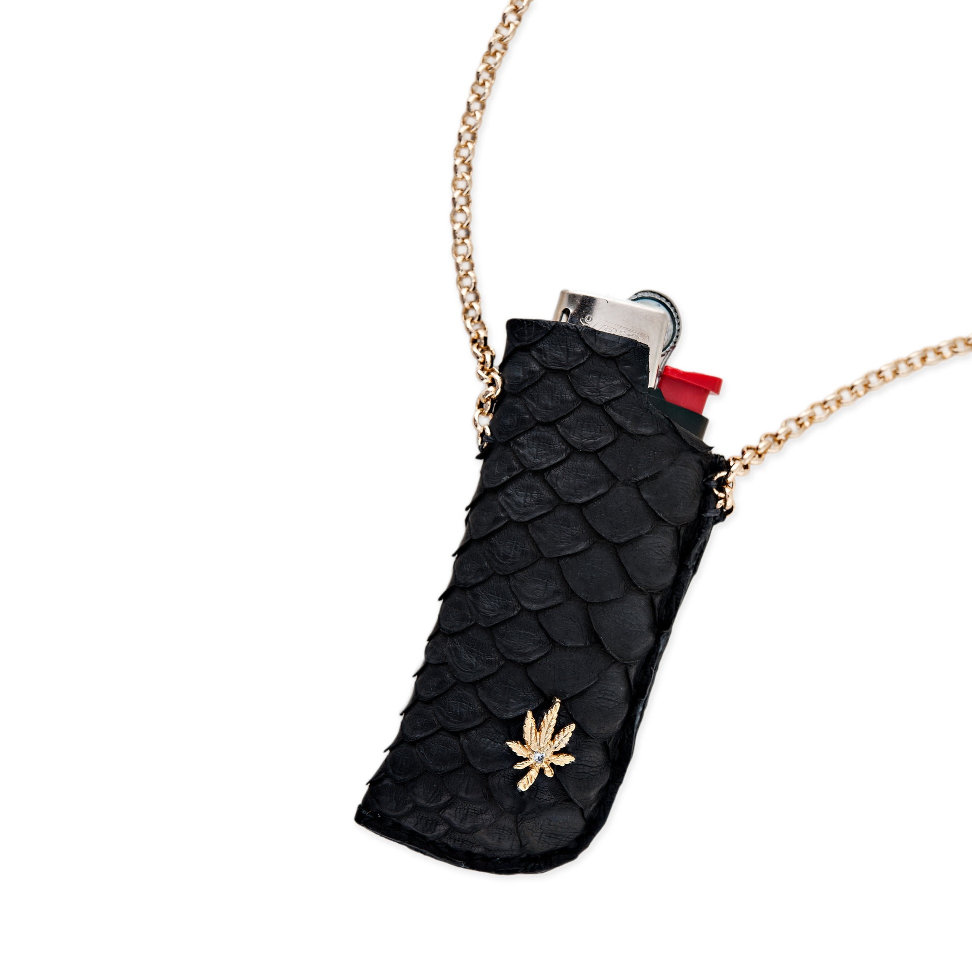 SNAKE SKIN LIGHTER NECKLACE WITH SWEET LEAF CHARM