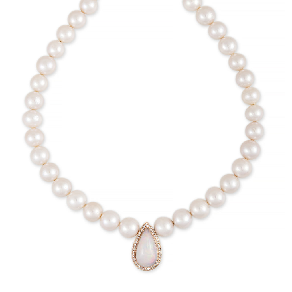 Pavé Opal Teardrop Center Freshwater Pearl Beaded Necklace