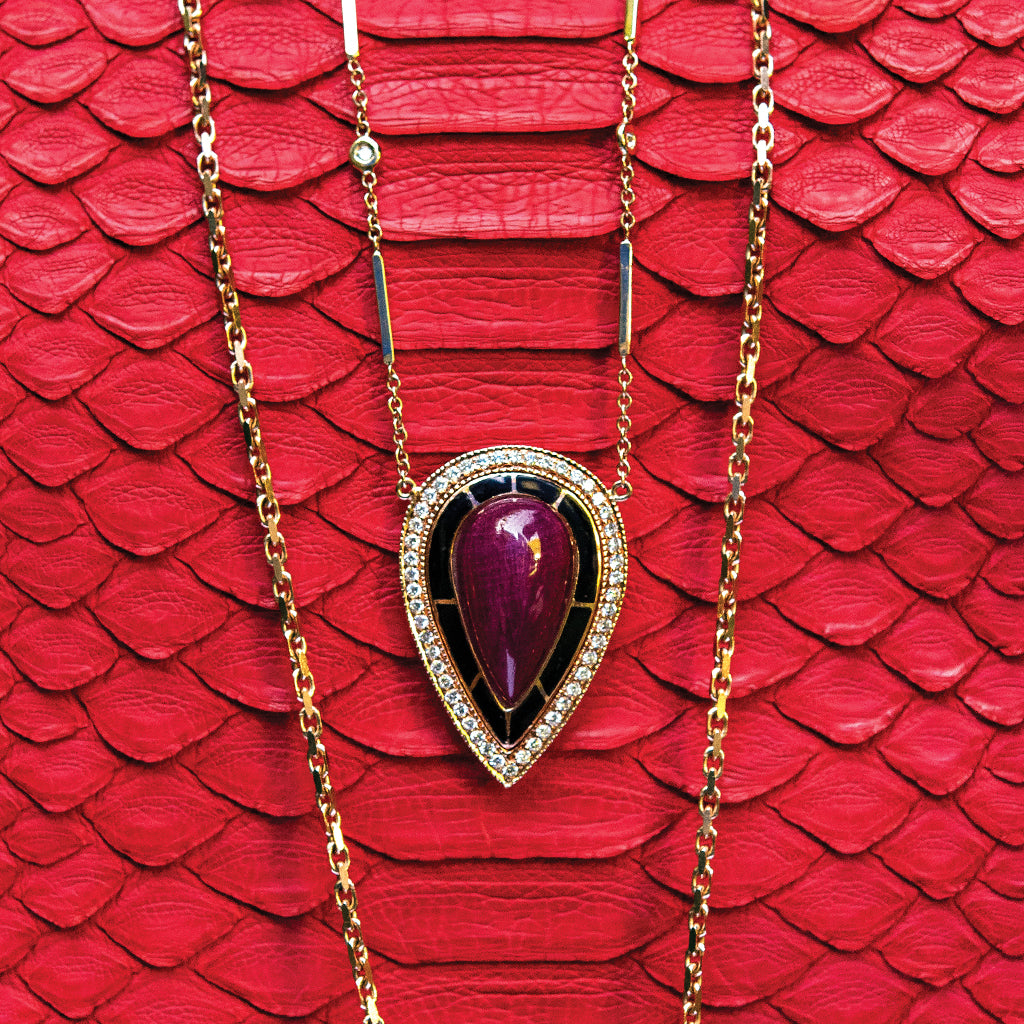 Pavé Diamond Onyx Inlay Ruby Teardrop Center Necklace