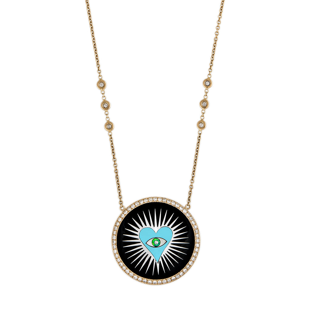 PAVE ONYX INLAY TURQUOISE HEART BURST NECKLACE