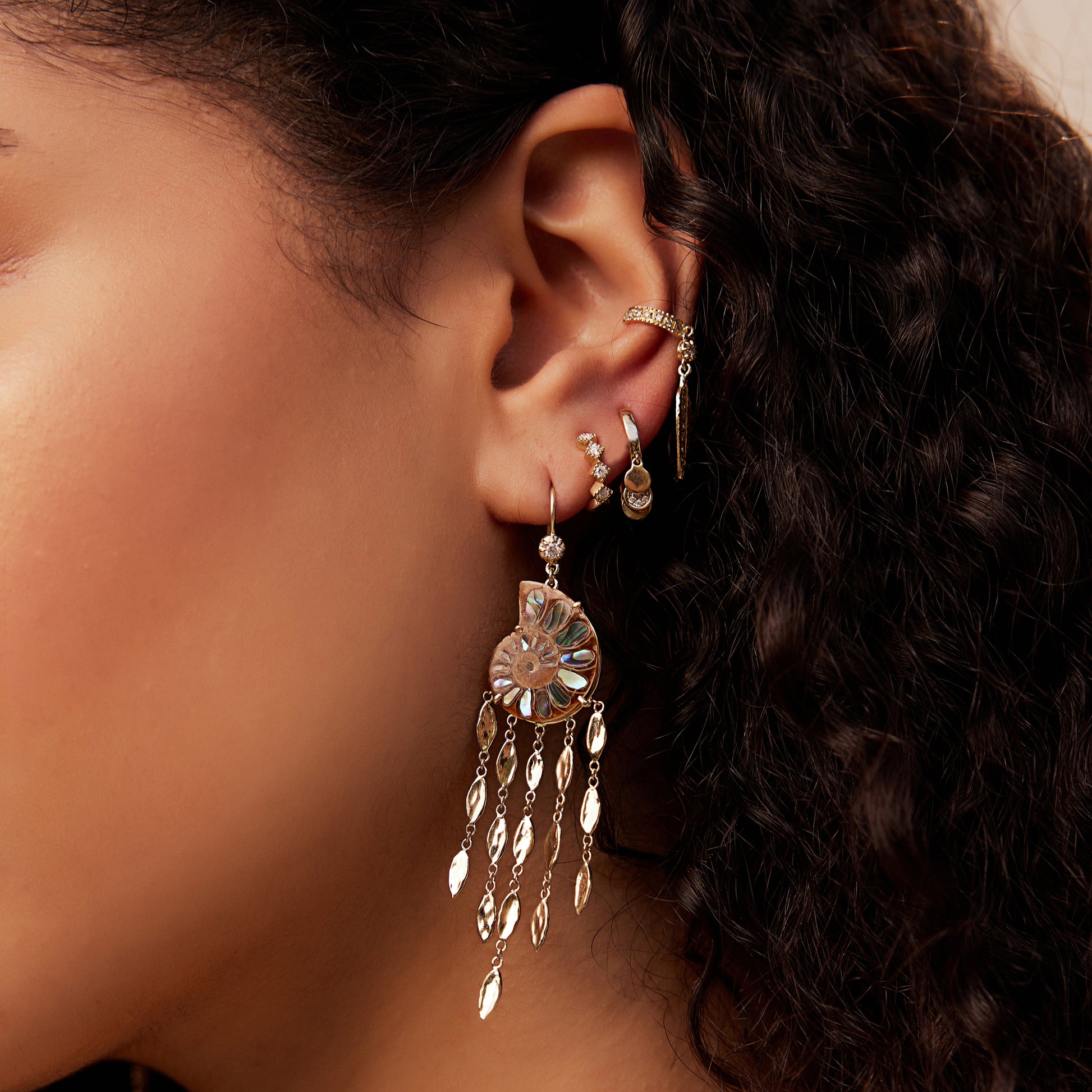 Abalone Ammonite + Hammered Marquise Chandelier Earrings