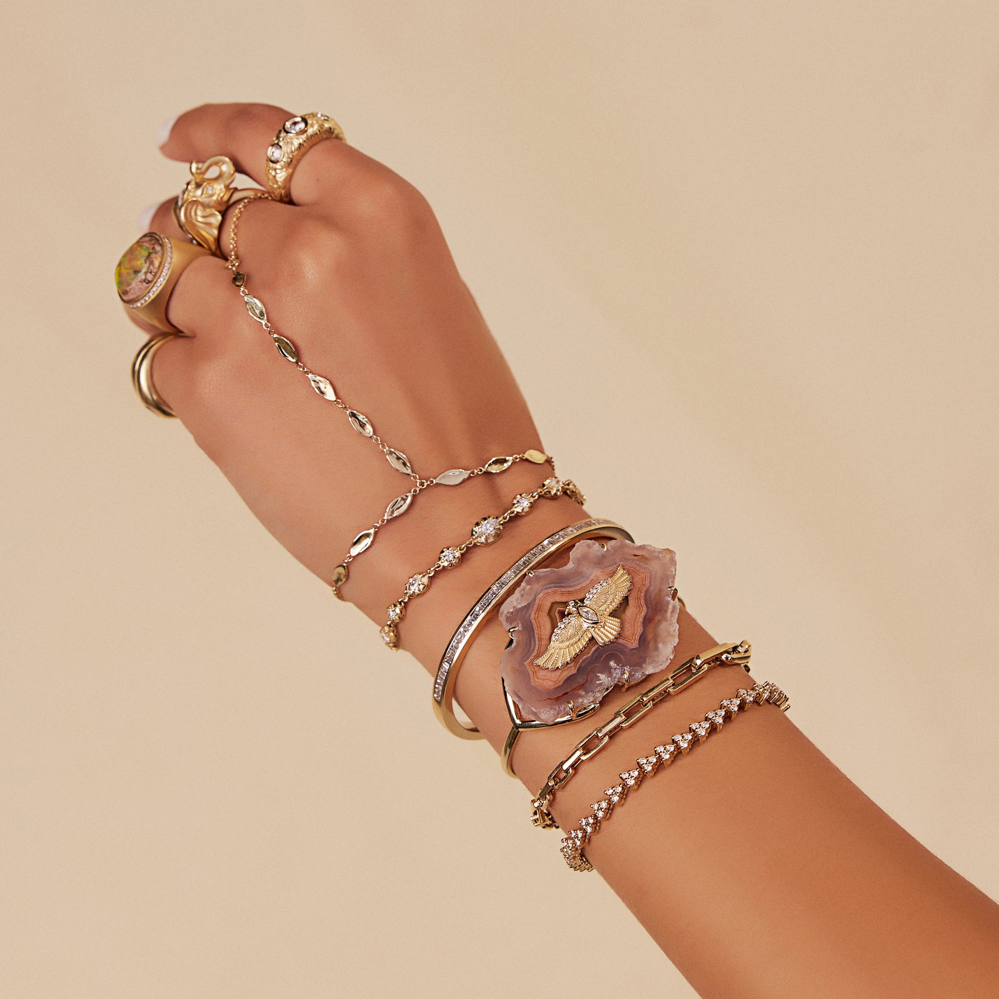 1 Diamond + Hammered Marquise Finger Bracelet