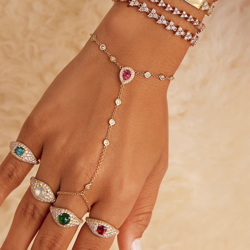 Pave Pink Tourmaline Teardrop + Diamond Finger Bracelet