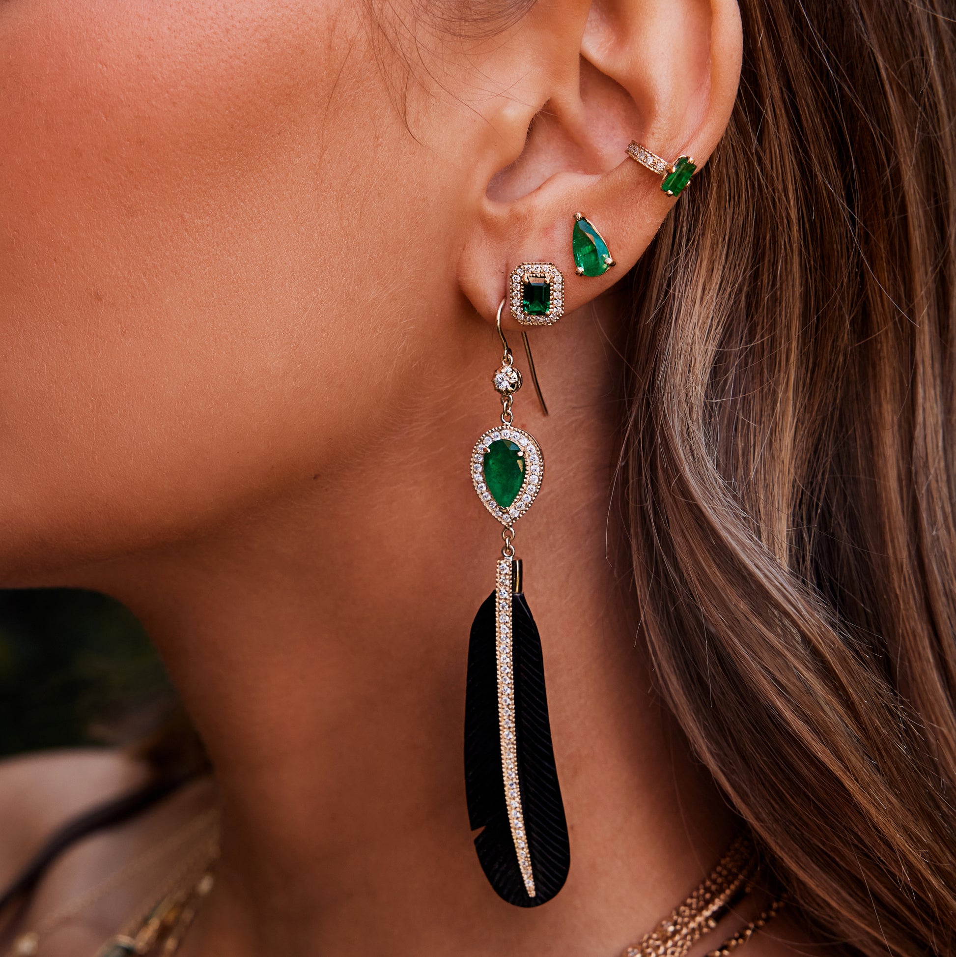 Pave Emerald Teardrop + Pave Black Horn Feather Earrings
