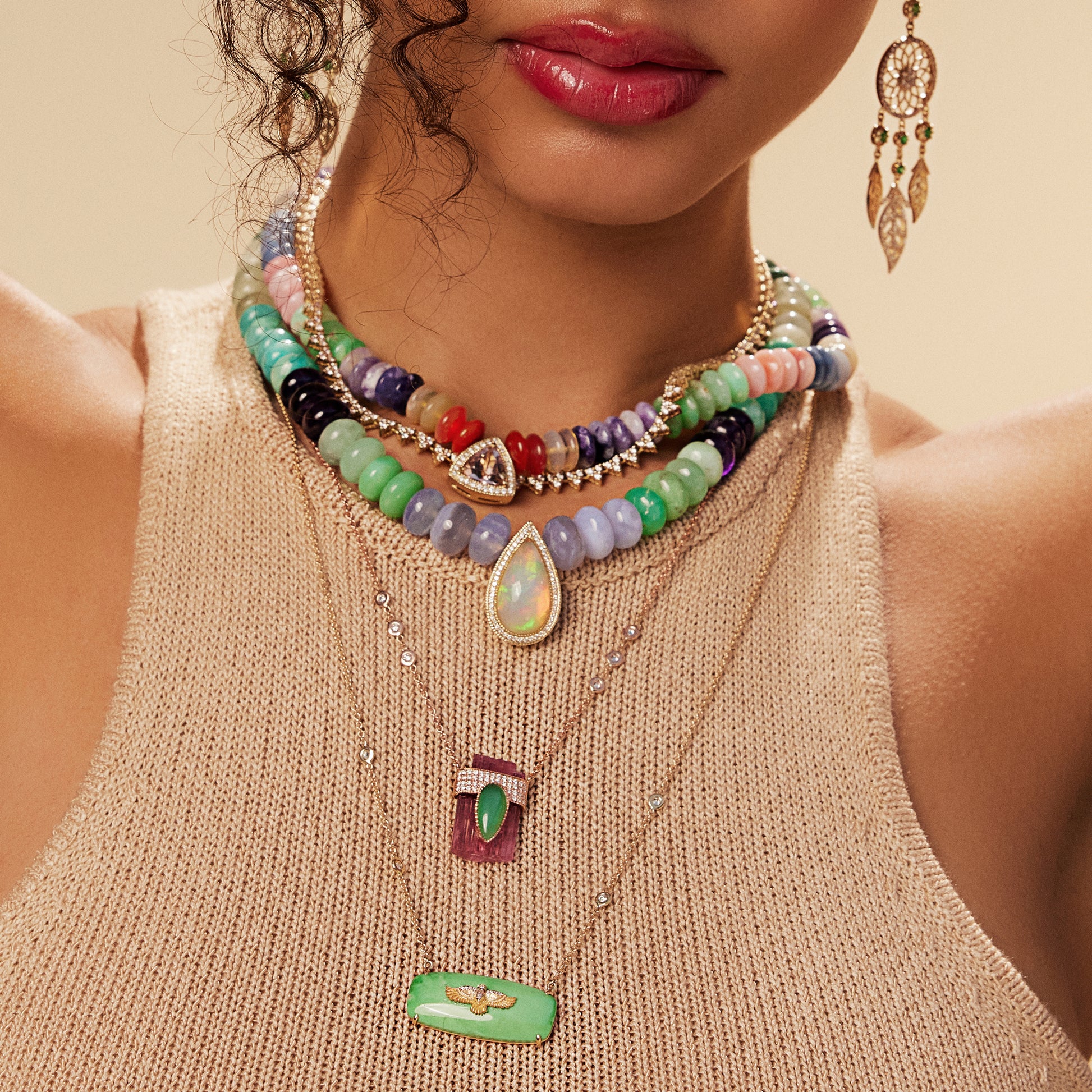 Pave Chrysoprase Teardrop Cap + Pink Tourmaline Crystal Necklace