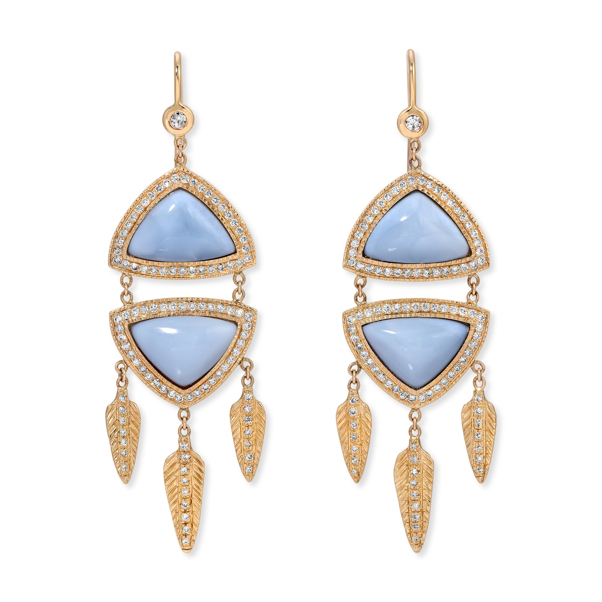 Pave Blue Opal Triangle Feather Dangle Earrings