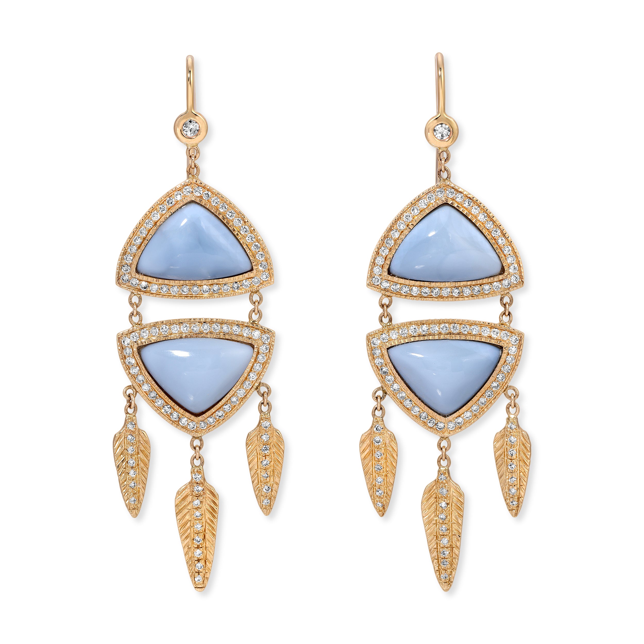 Pave Blue Opal Triangle Feather Dangle Earrings