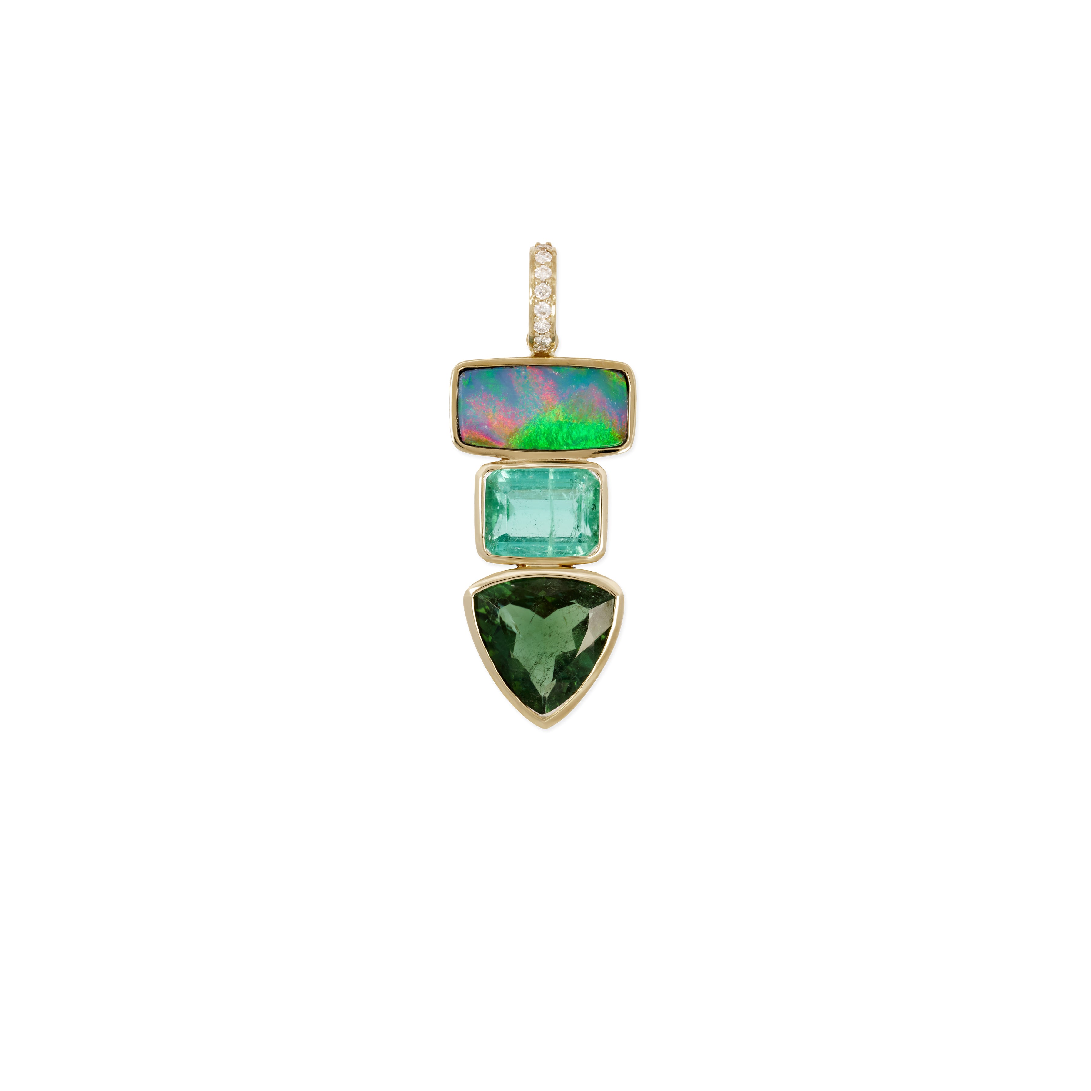 Pave Diamond Opal + Green Tourmaline Triple Step Charm