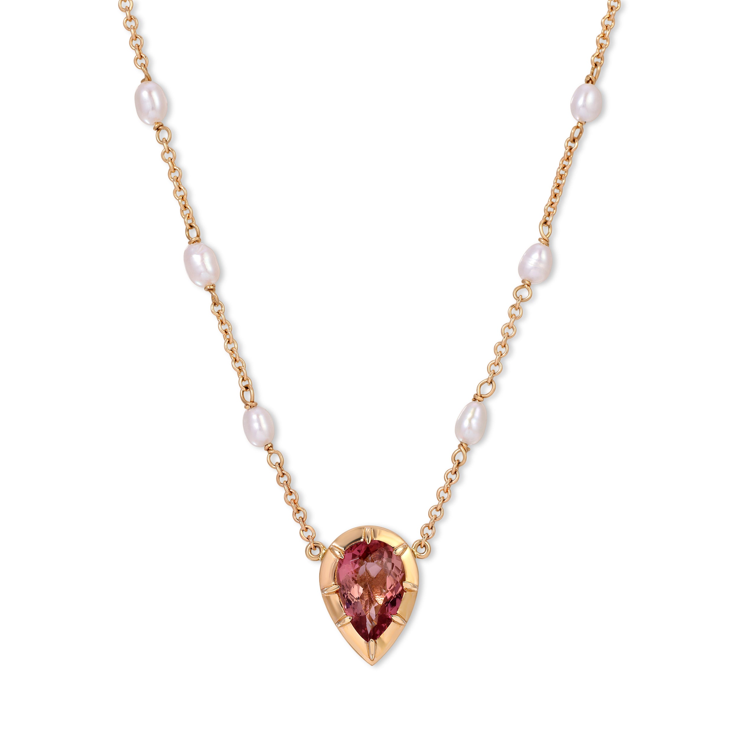 Pink Tourmaline Teardrop Vintage Pearl Necklace