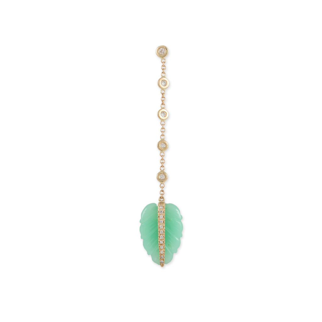 Pave Chrysoprase Leaf 5 Diamond Drop Stud Earring